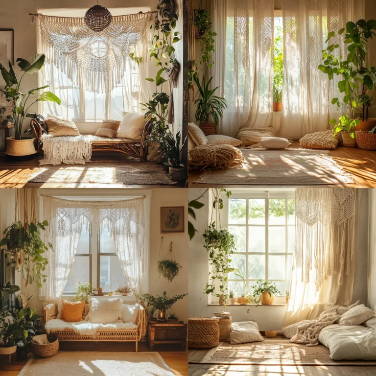 boho curtains with macramé design and earthy home decor