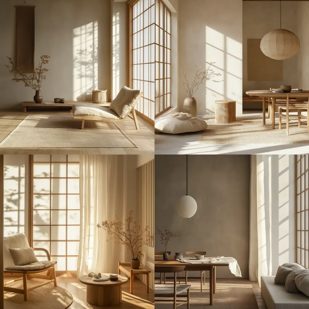 Interior styled with warm minimalism decor, featuring wood furniture, neutral tones, and cozy textures