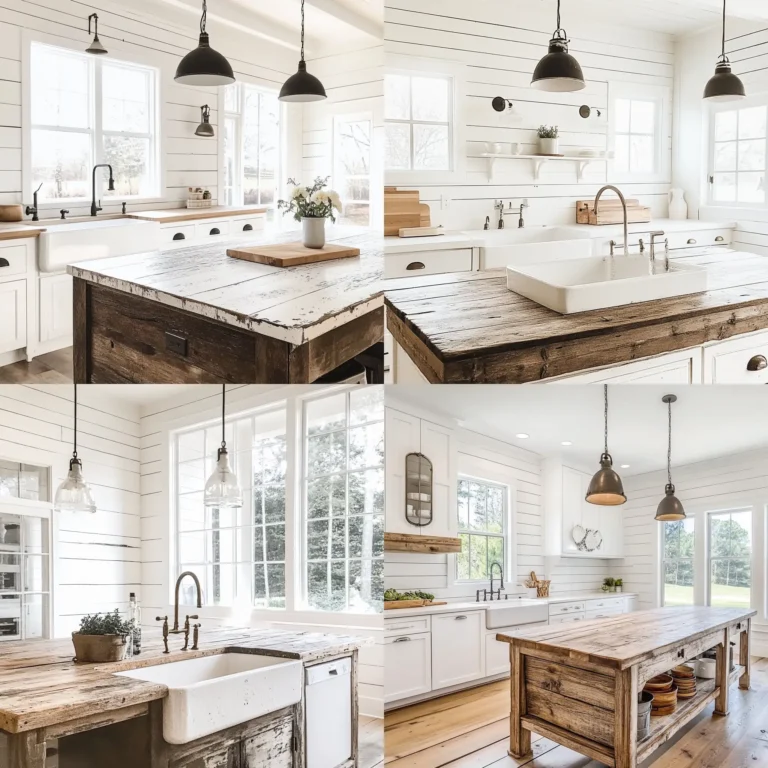 Farmhouse-style white kitchen with shiplap walls and wood island