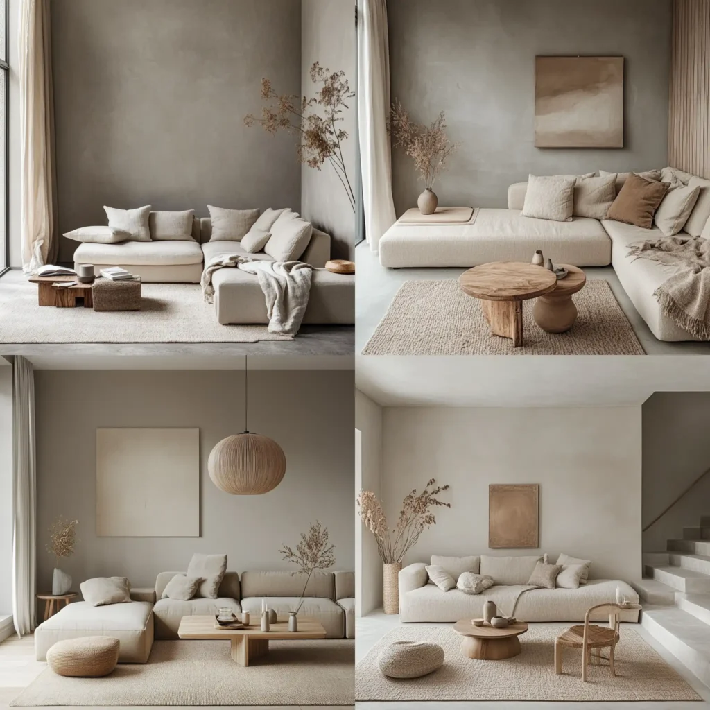 Japandi living room with soft neutral tones, natural wood accents, and minimalist design elements