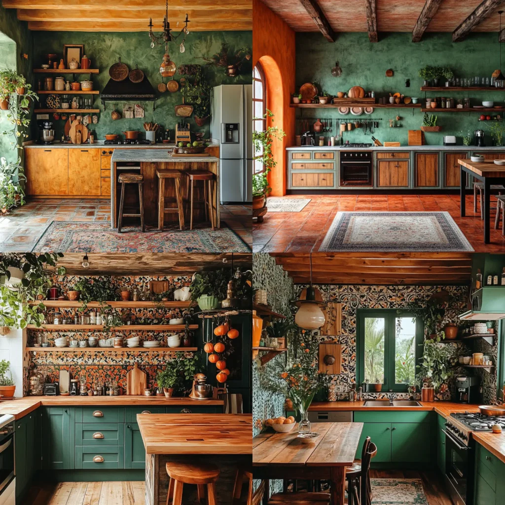 Boho kitchen with vibrant terracotta and emerald colors, wooden textures, eclectic style, and natural lighting