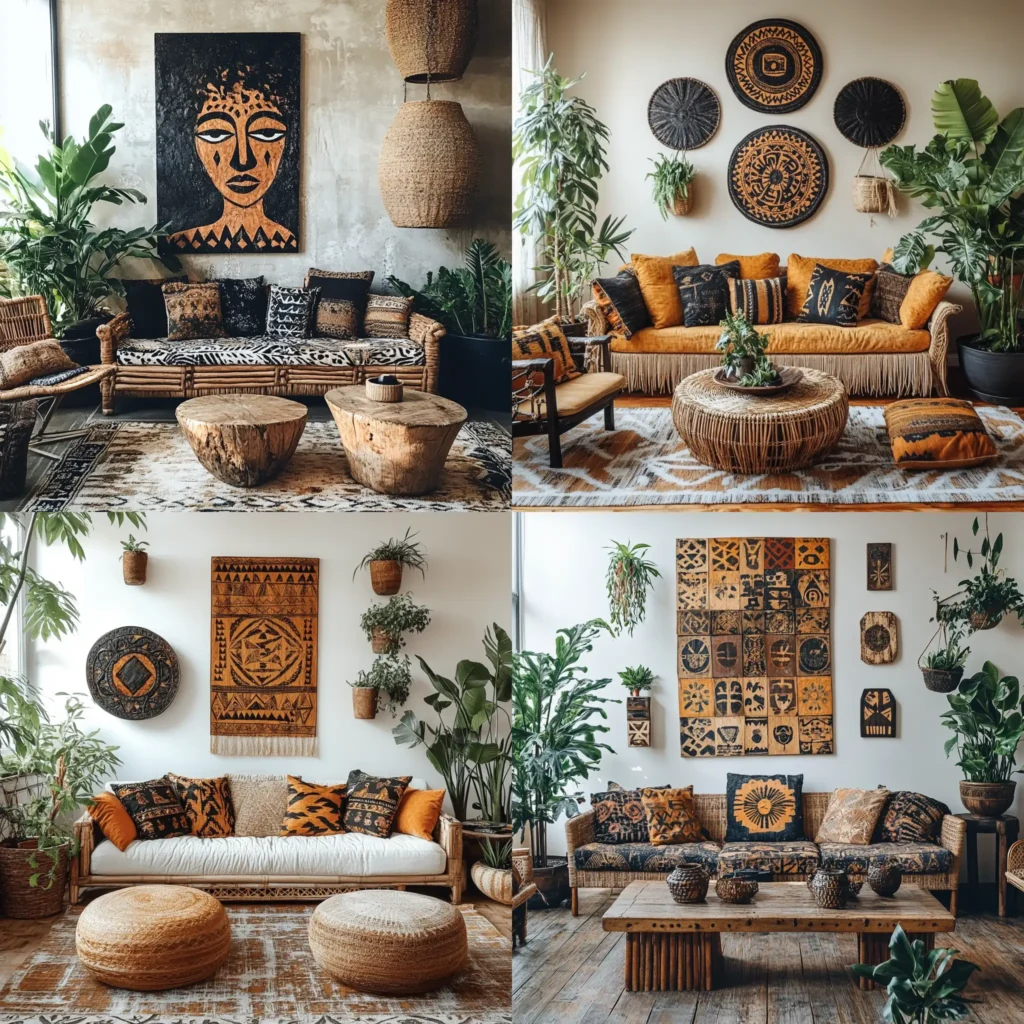 Afrohemian decor living room with African prints, tribal wall art, and cozy bohemian textures