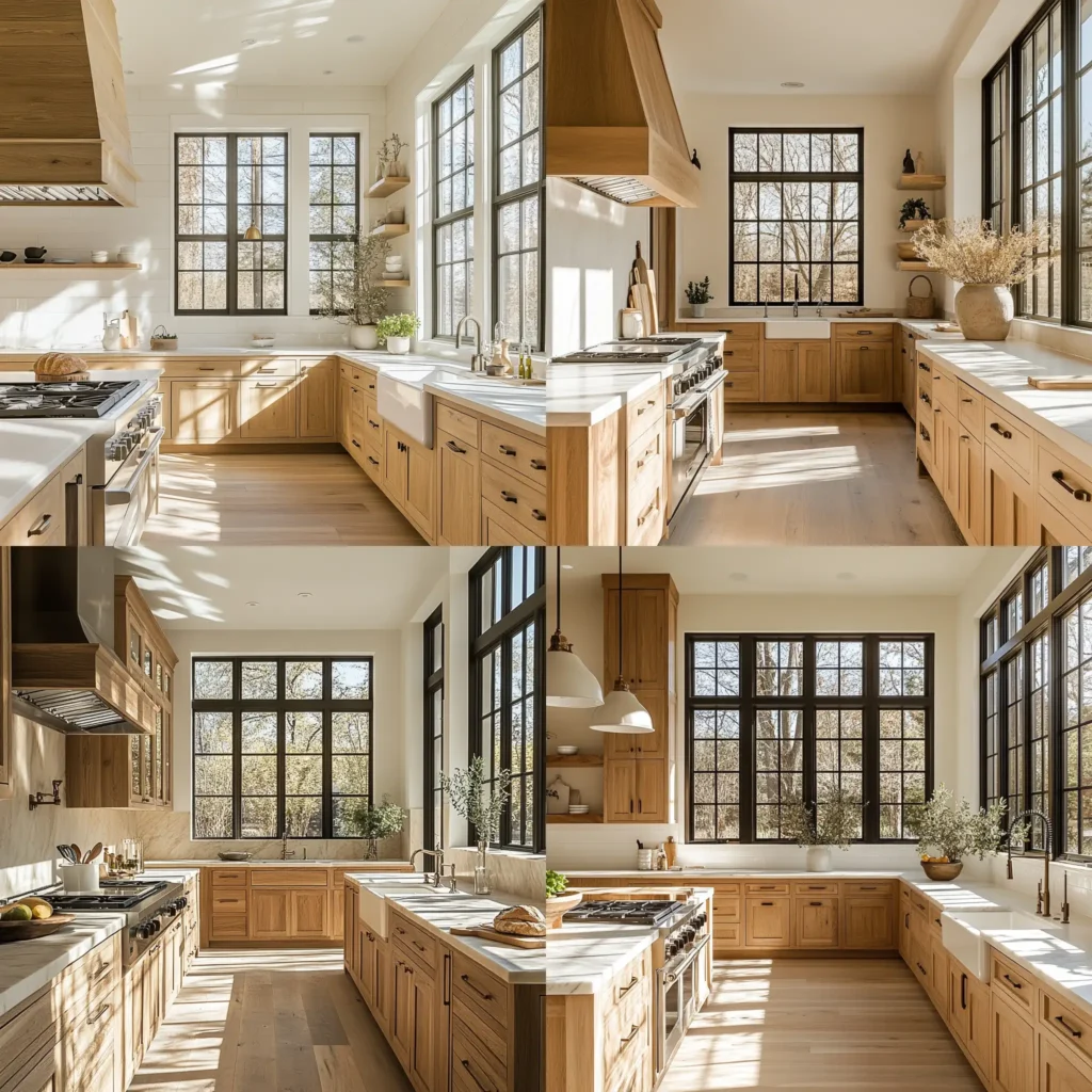 Natural wood kitchen cabinets in a bright, modern farmhouse kitchen