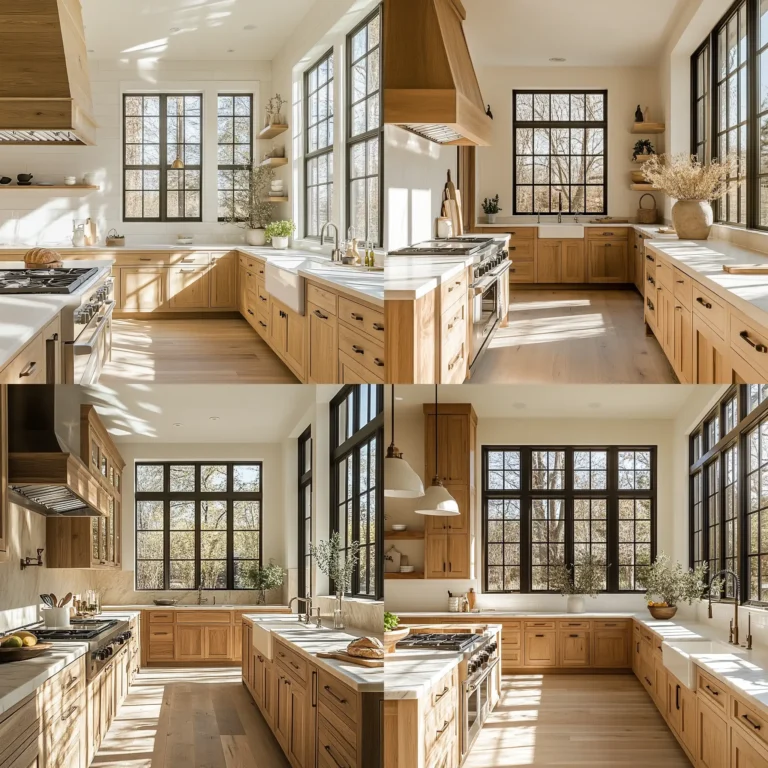 Natural wood kitchen cabinets in a bright, modern farmhouse kitchen