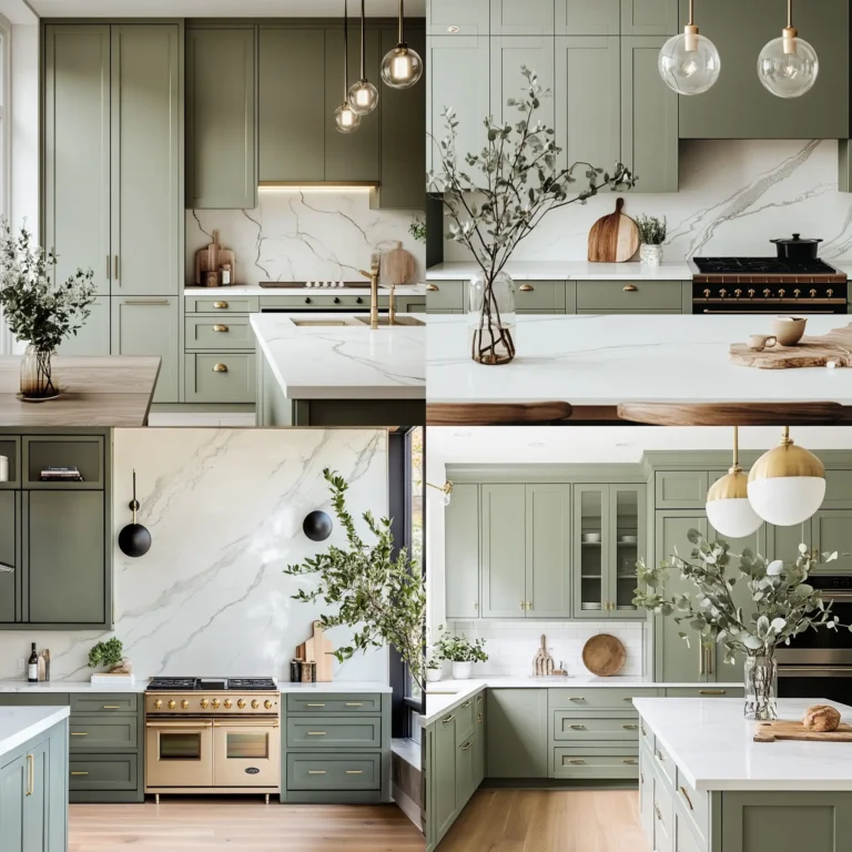 Modern kitchen with sage green cabinets and white marble countertops