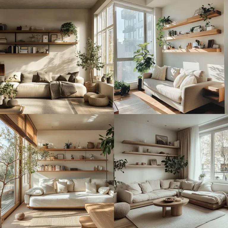 Cozy small apartment living room with floating shelves and natural light