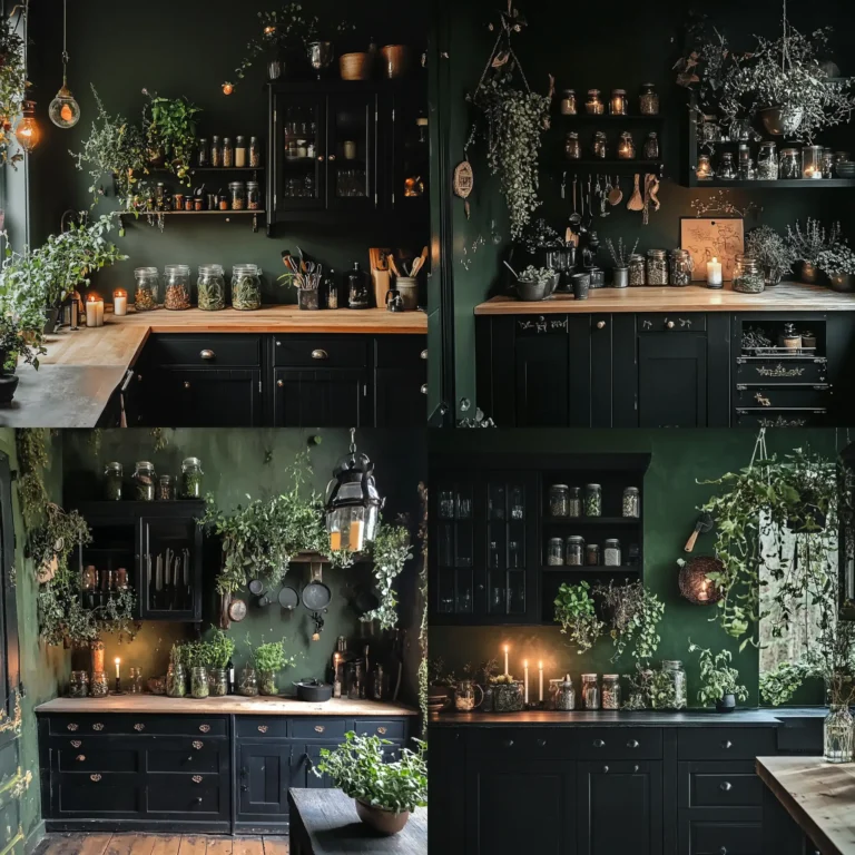Witchy kitchen with dark green walls and herbal plants in glass jars