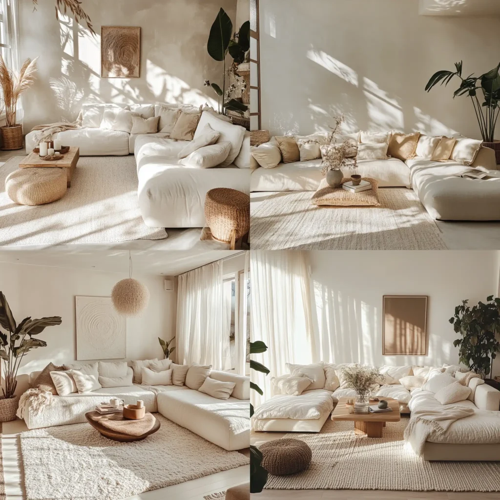 Cozy living room with neutral colors and modern boho decor style