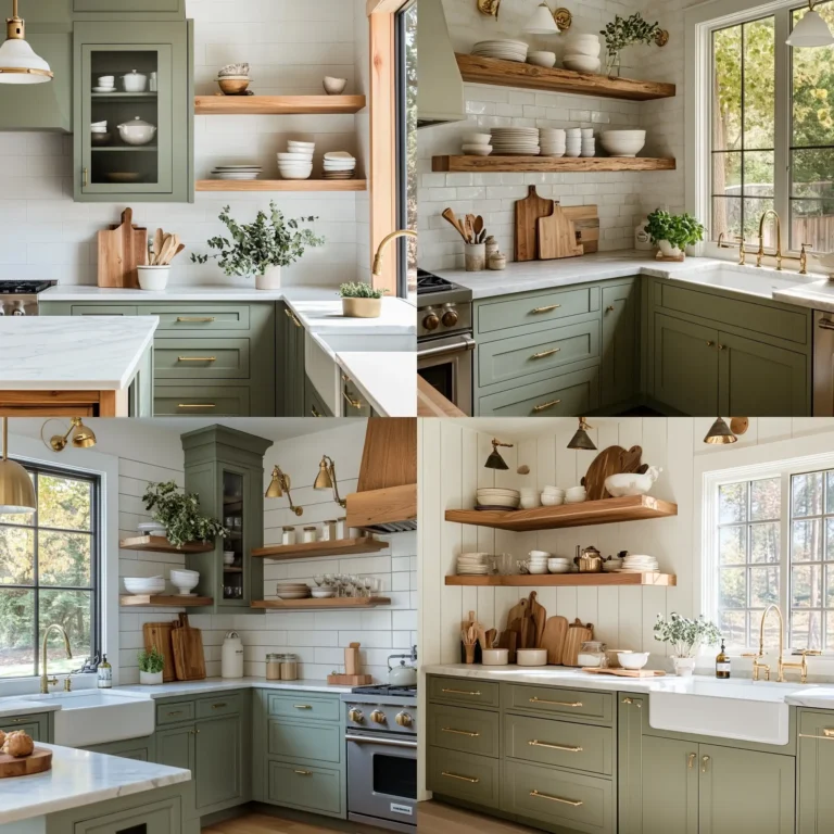 Sage green kitchen cabinets with brass hardware in a cozy farmhouse kitchen