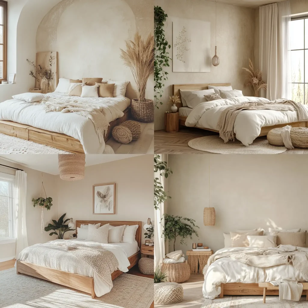 Modern boho bedroom with neutral colors and cozy decor, soft whites, and wooden bed frame