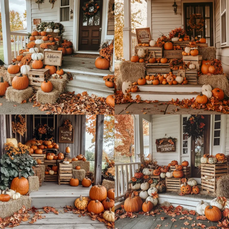 Cozy fall front porch with rustic pumpkin display and hay bales