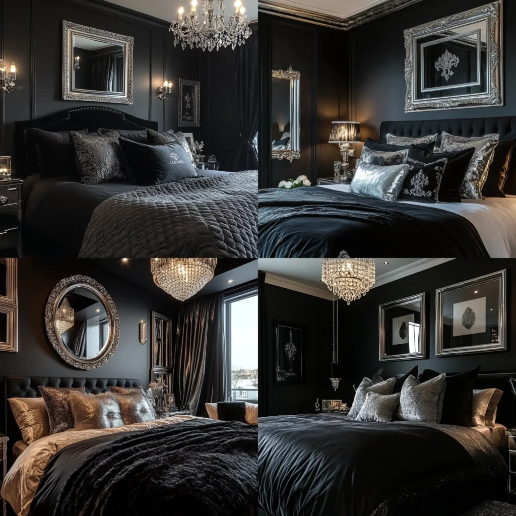 Luxurious black and silver bedroom with dark matte walls and silver decor
