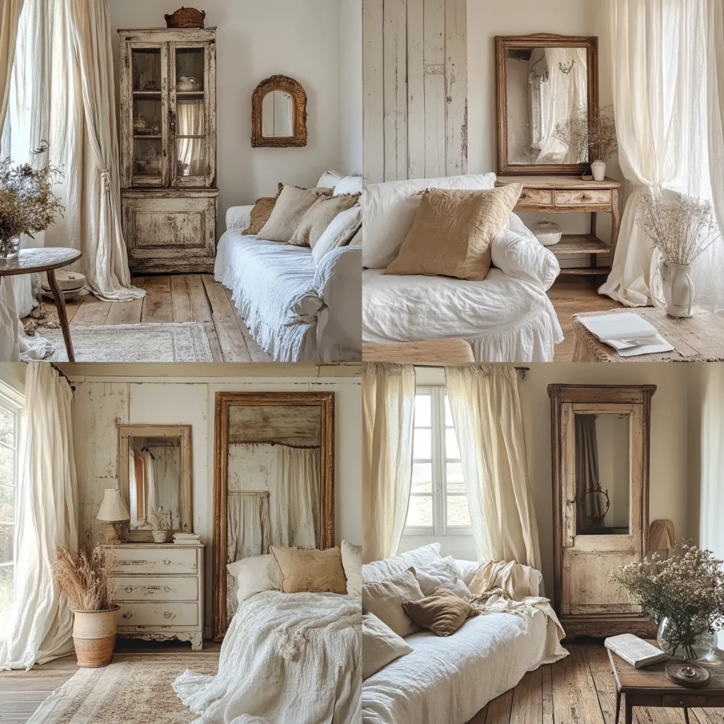 Living room styled with French country thrifted decor including antique mirrors and rustic furniture