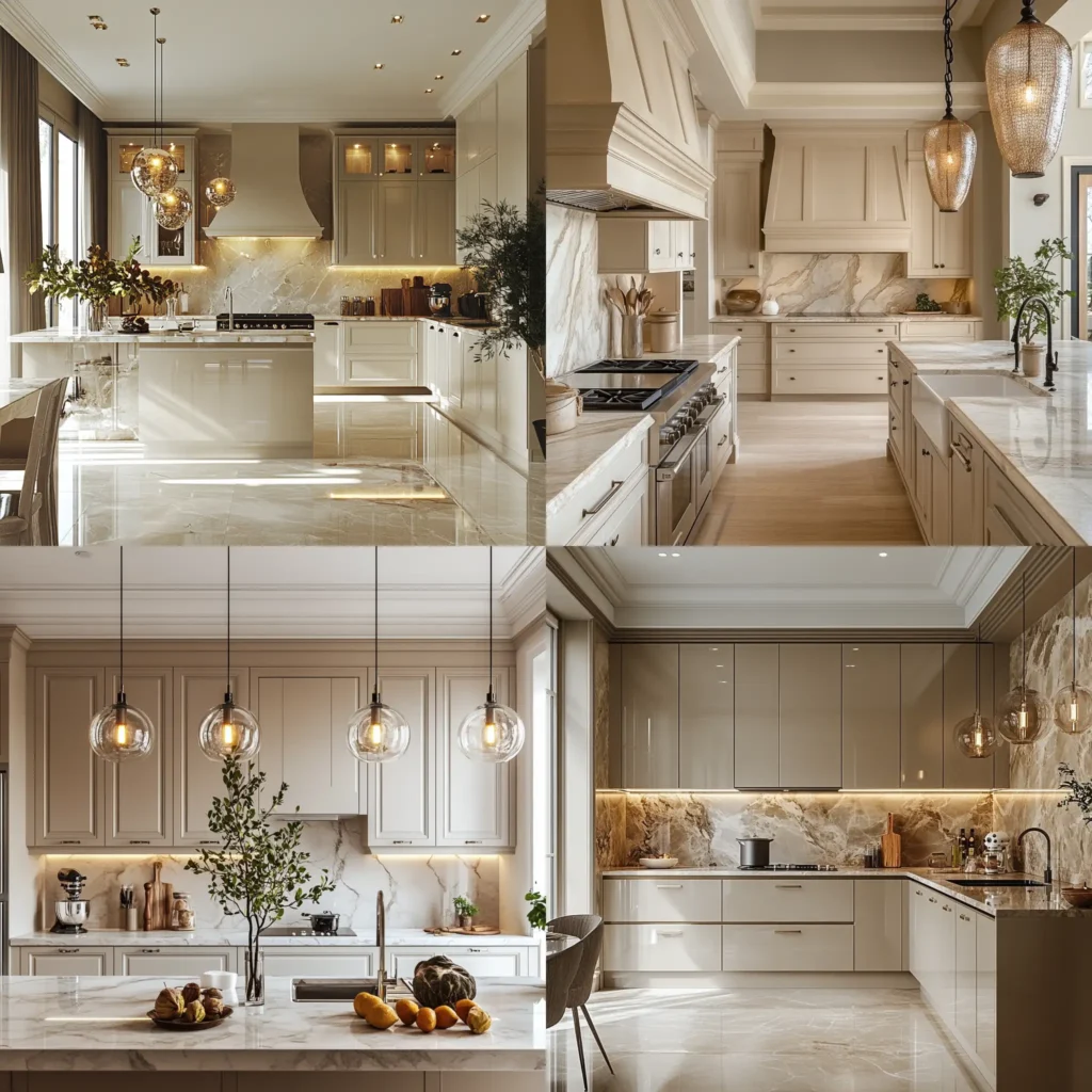 Luxurious kitchen with beige kitchen cabinets and warm natural lighting