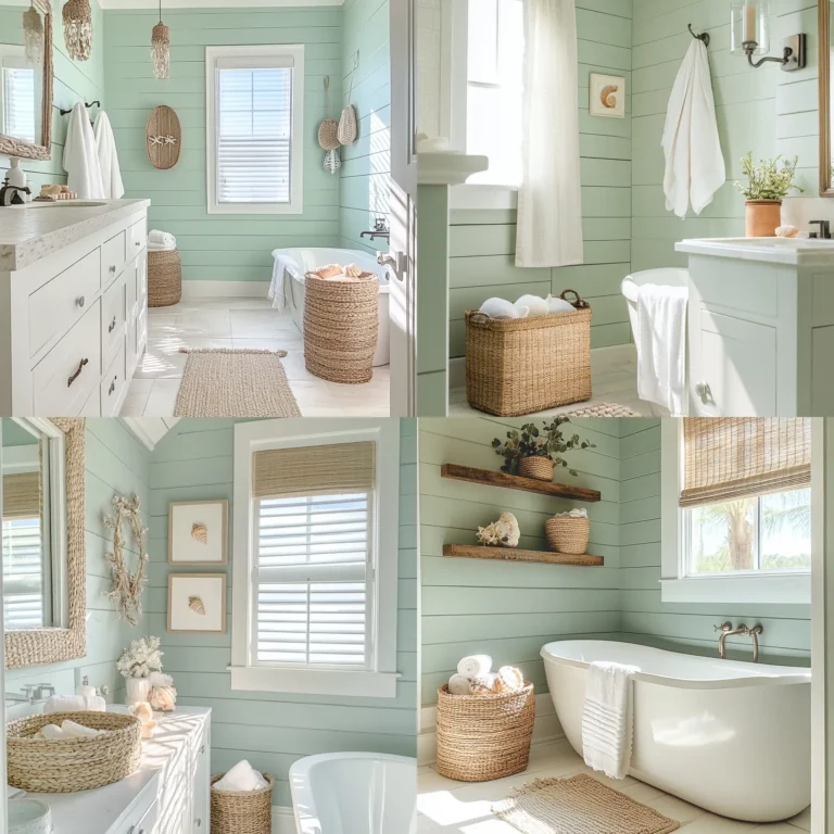 Serene coastal bathroom with seafoam walls and beach-themed decor
