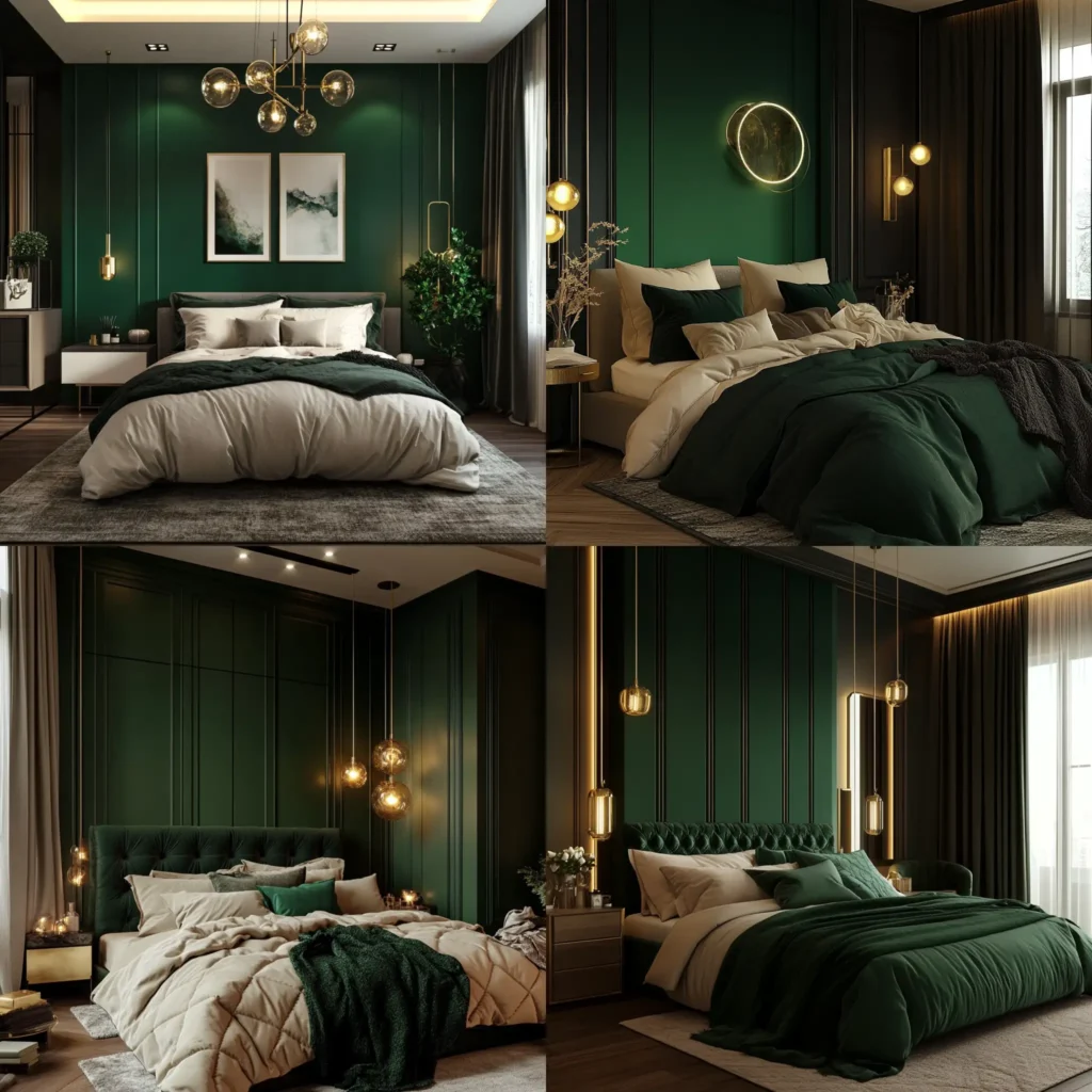 Emerald bedroom idea with emerald green accent wall and gold lighting accents
