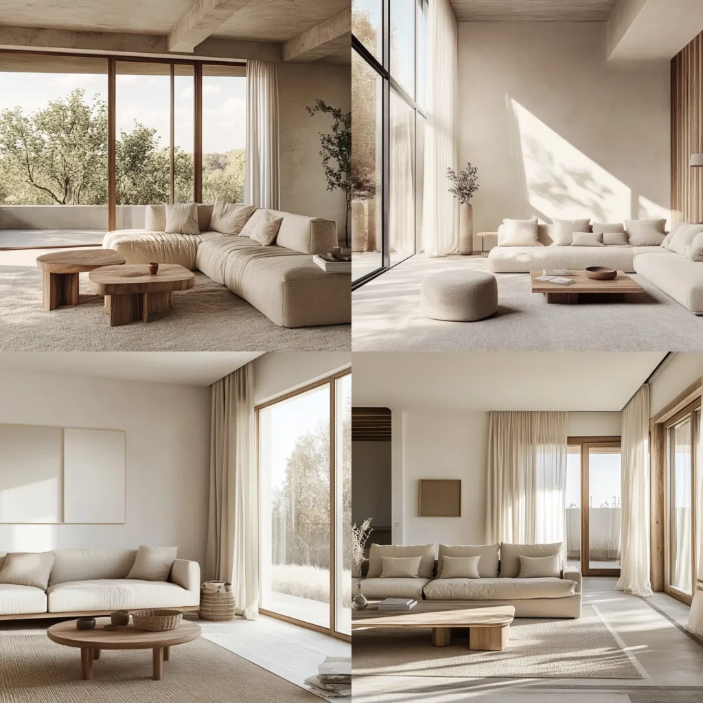 Minimalist living room with neutral colors, beige sofa, and natural wood accents