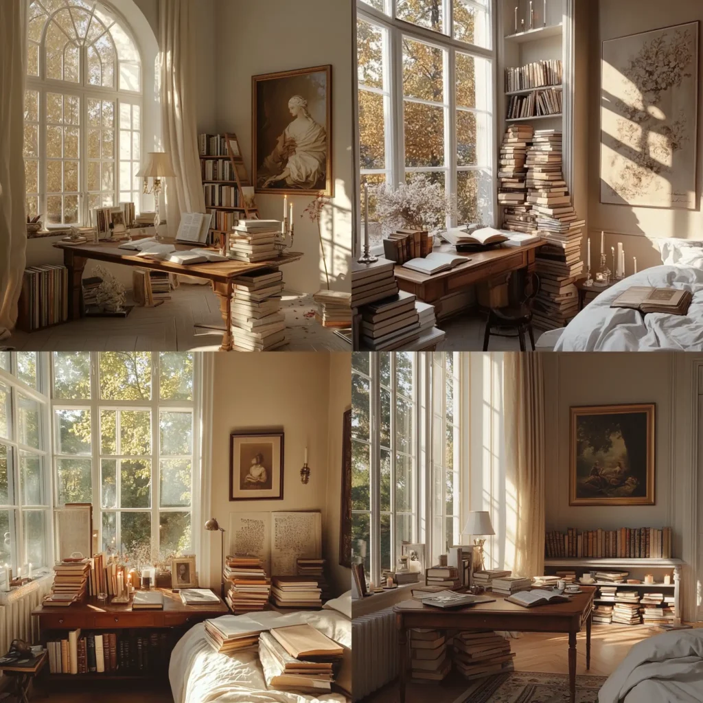 Cozy bedroom styled in light academia aesthetic with vintage books and natural tones