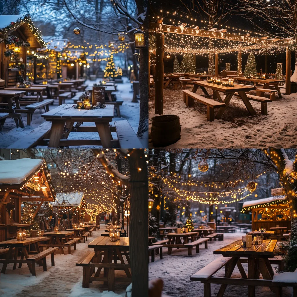 Outdoor Christmas party with fairy lights and festive winter decorations