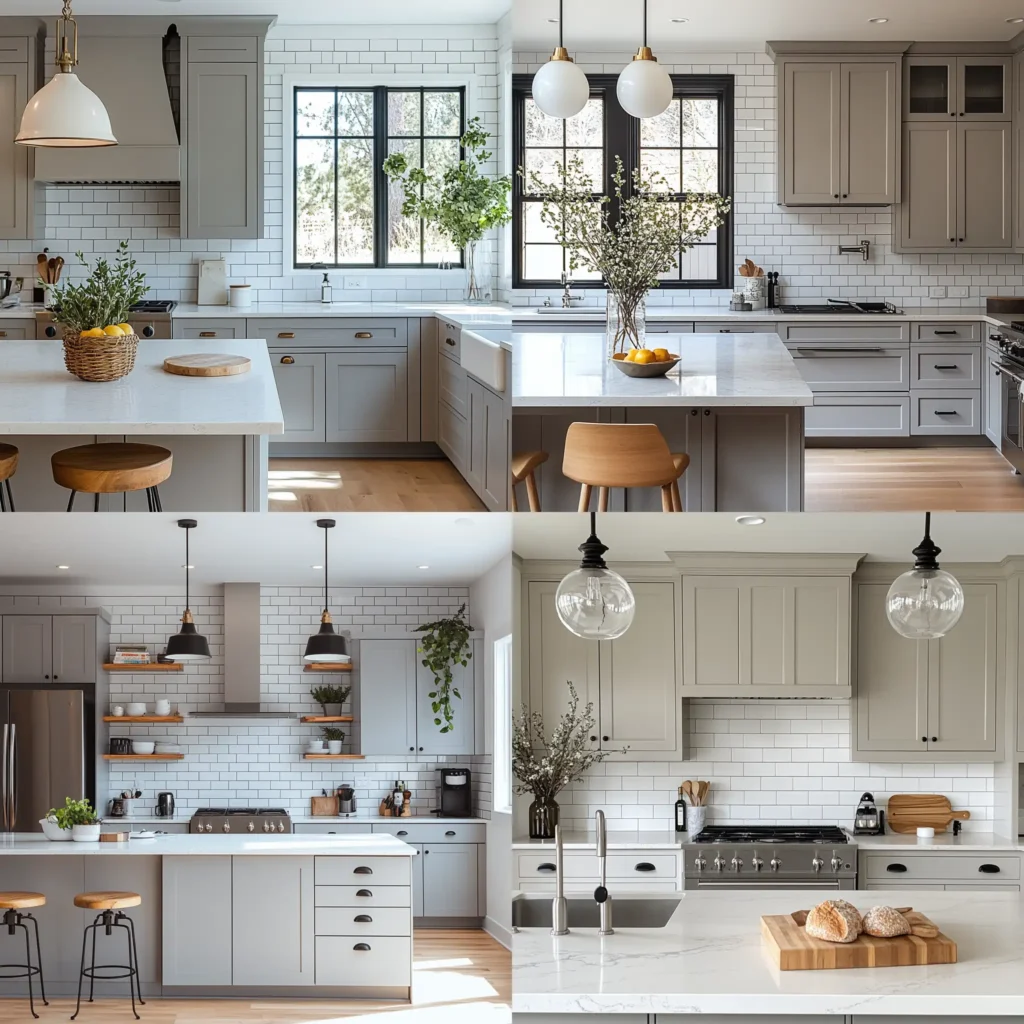 Modern kitchen with light gray kitchen cabinets, white backsplash, and natural light
