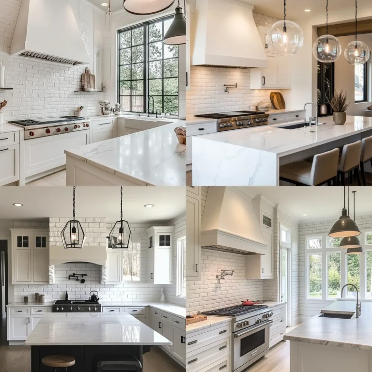White kitchen with white brick backsplash and cozy lighting