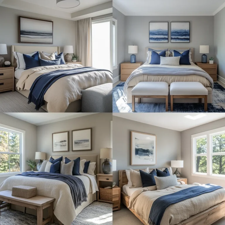 Serene gray tan and blue bedroom with natural light and coastal decor