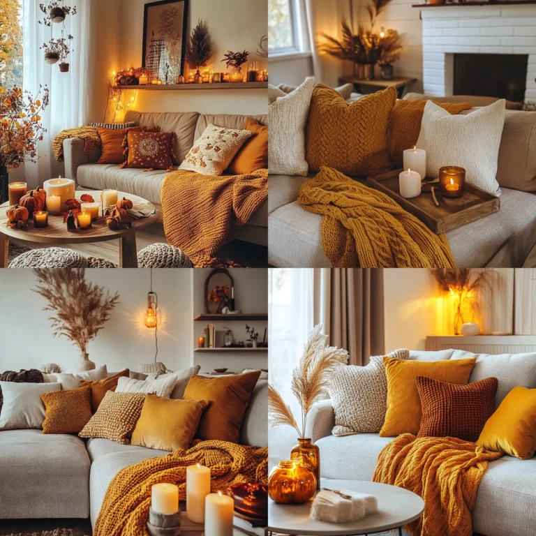 Cozy fall-inspired living room with warm pillows and throws in orange and brown hues
