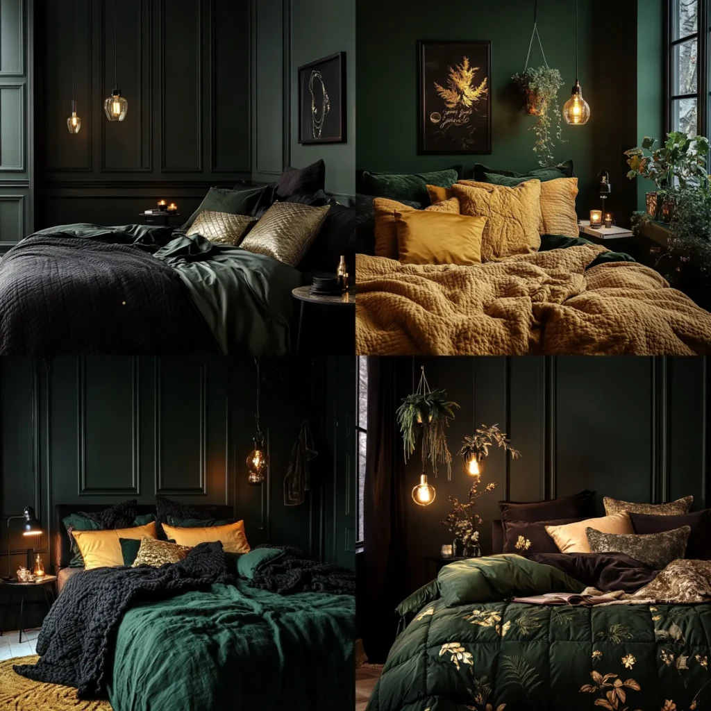 Moody bedroom decor with deep green walls, gold accents, and cozy textures
