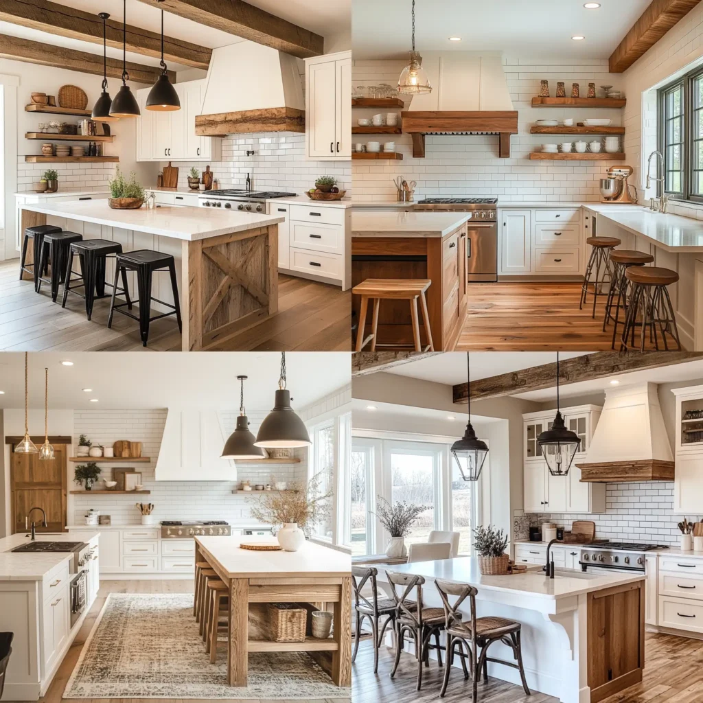 Shaker-style cabinets in a farmhouse kitchen with white finish and wooden accents
