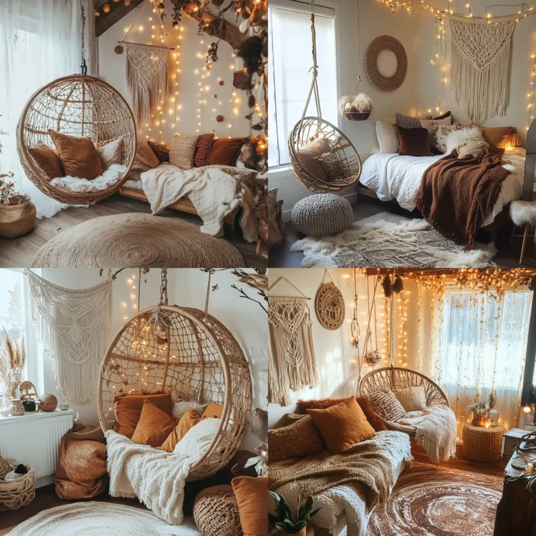 Boho teen bedroom with earthy tones, rattan chair, and macramé wall decor