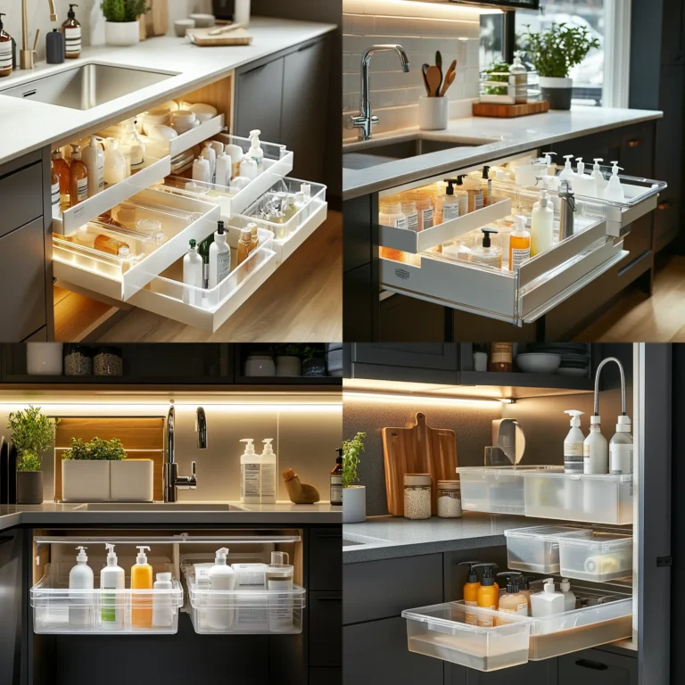 under sink organization with labeled drawers and spray bottles