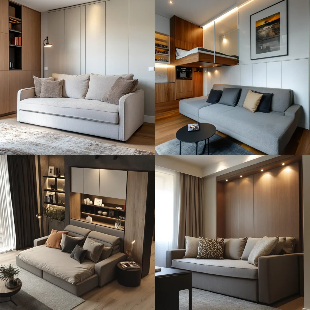Sofa bed in a modern living room, offering both seating and sleeping space in a stylish apartment.