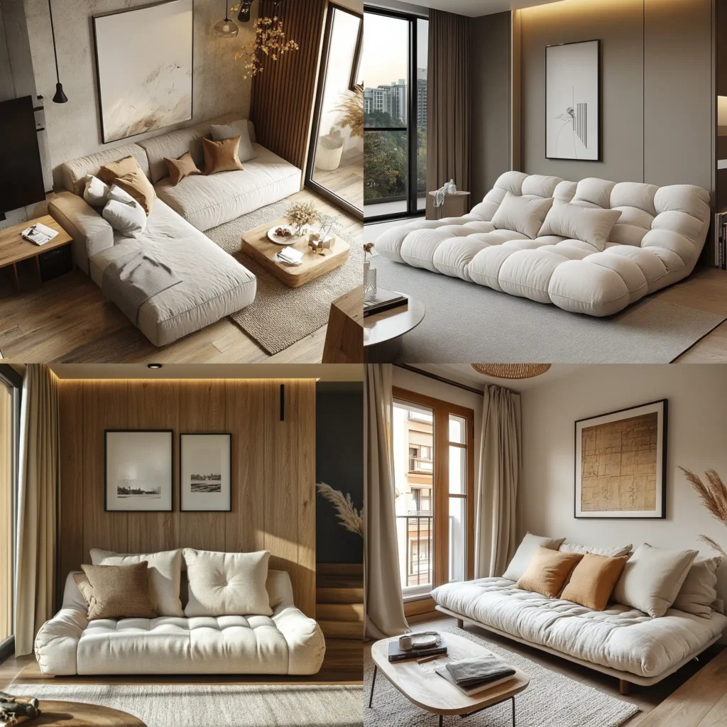 Multifunctional sofa in a space-saving living room with neutral tones and cozy design