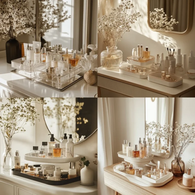 Elegant vanity using tiered trays to organize perfumes and lotions