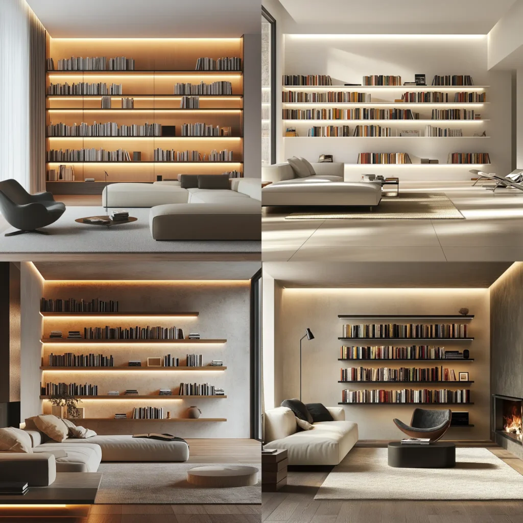 Modern living room featuring floating library wall shelves with books neatly organized