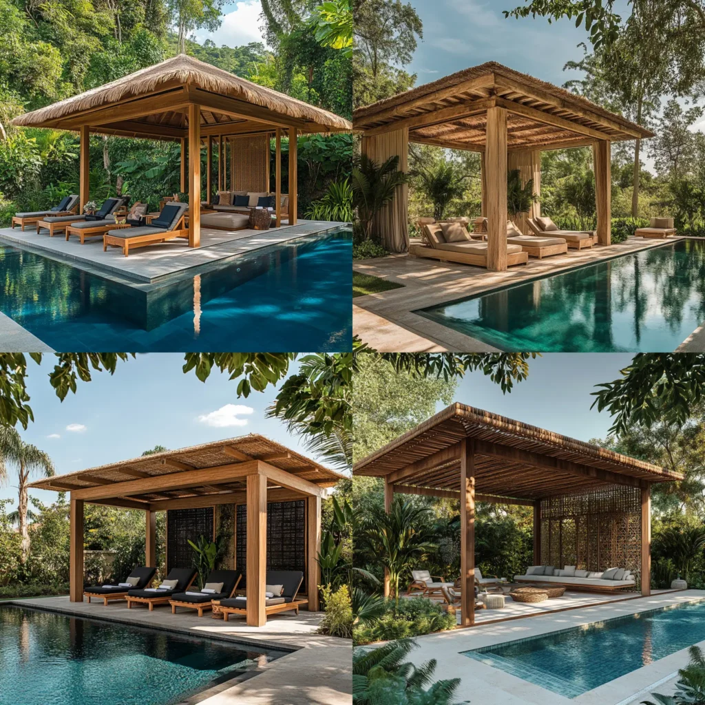 Classic wooden poolside cabana with thatched roof and lush greenery