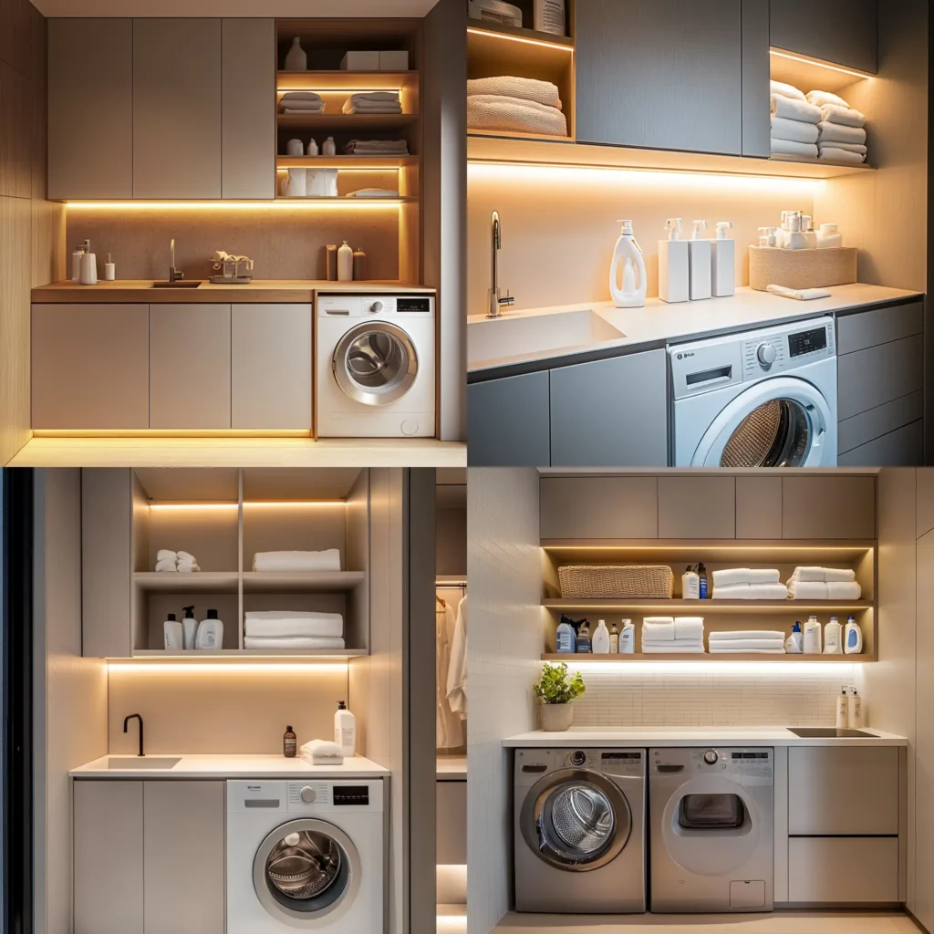 Functional laundry space with built-in storage shelves and cabinets
