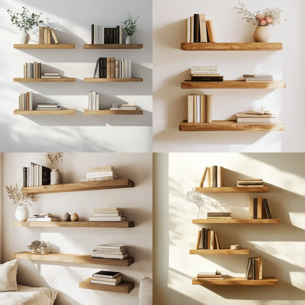Floating wooden shelves mounted on wall with books and decorative items