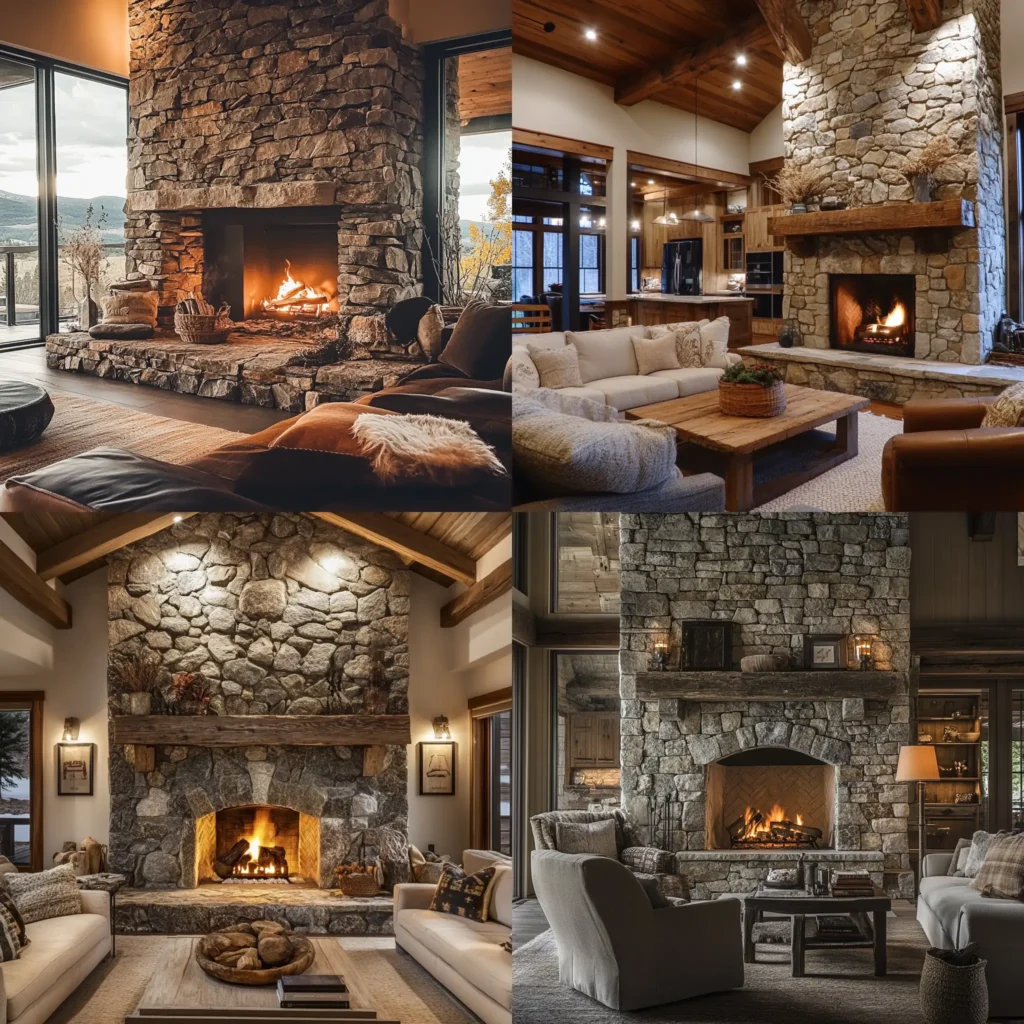 Stacked stone fireplace with rustic design and natural stones in a cozy living room