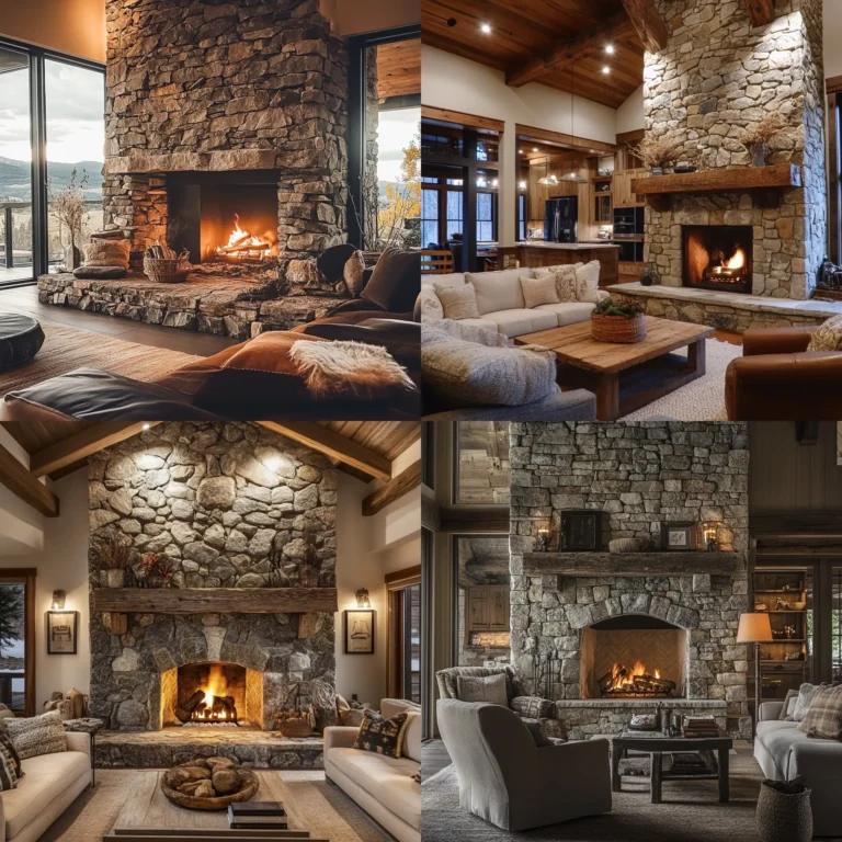 Stacked stone fireplace with rustic design and natural stones in a cozy living room