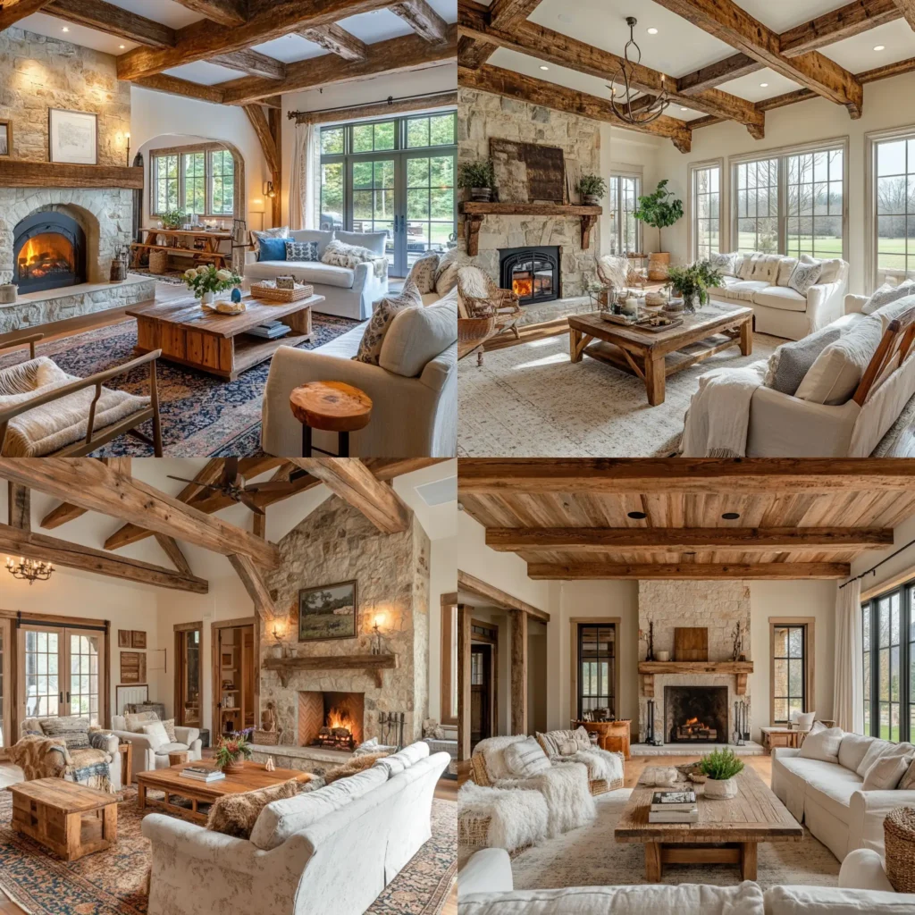 Rustic farmhouse style living room with reclaimed wooden furniture and stone fireplace