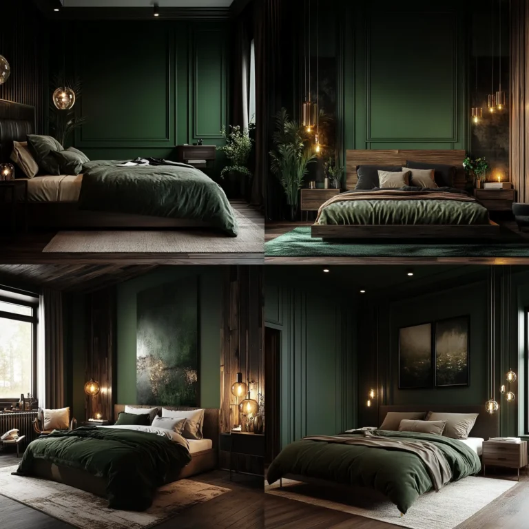 Luxurious green and dark brown bedroom with deep green walls and dark wood furniture