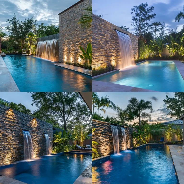 Luxurious backyard pool with stone wall and waterfall water feature