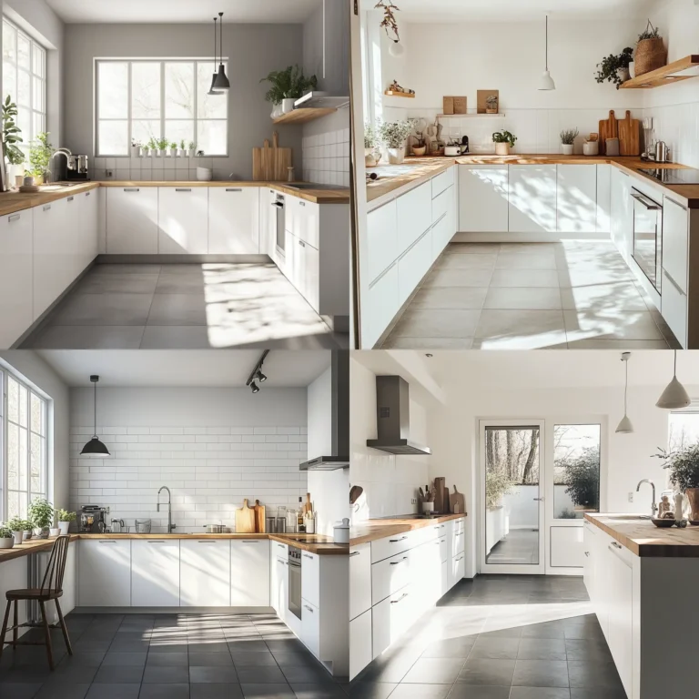 Modern kitchen with grey tile floor, white cabinets, and warm wood accents