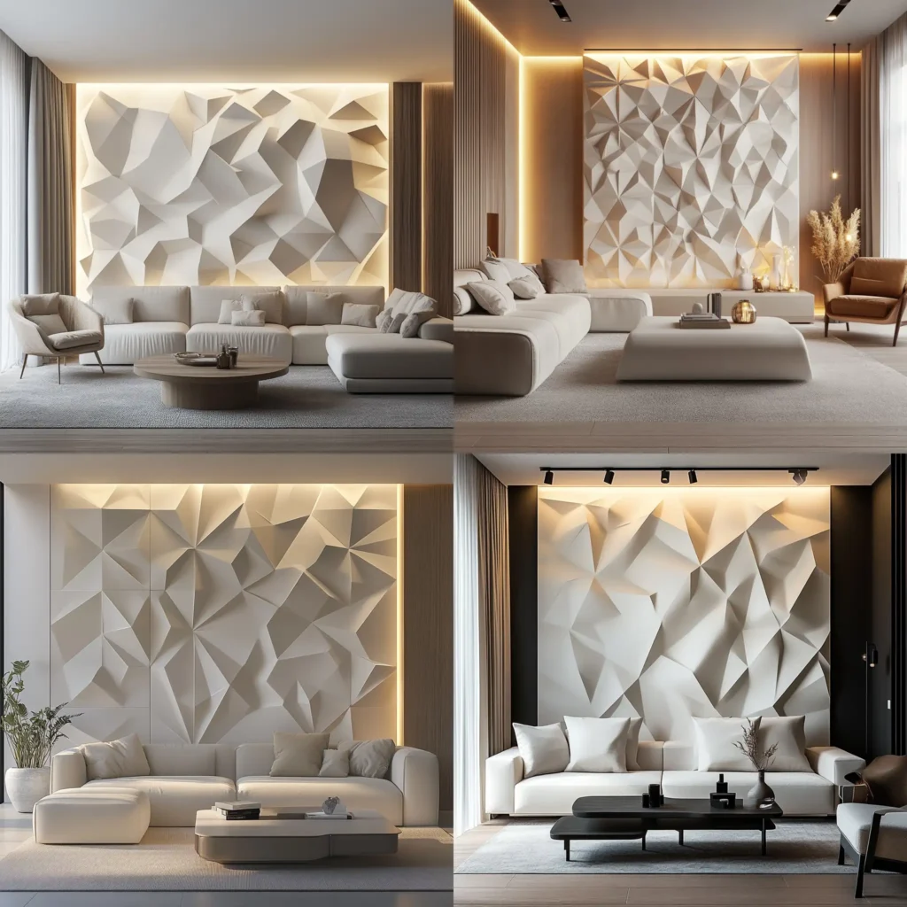 Geometric 3D printed wall decor panels in a modern minimalist living room