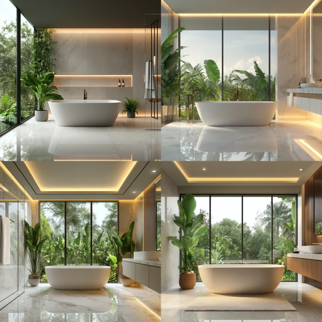 Freestanding deep soaking tub in a luxurious bathroom with modern spa décor