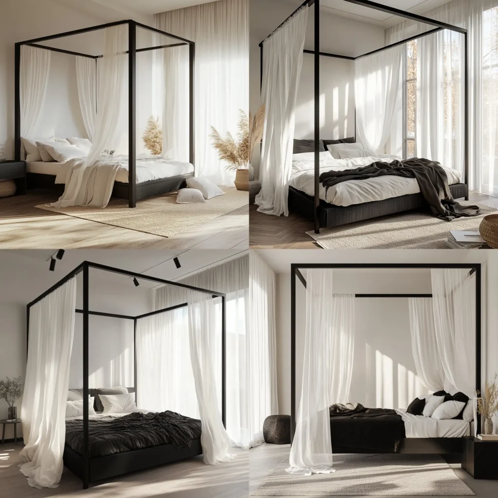 Elegant black canopy bed with sheer curtains and cozy white bedding in a modern bedroom