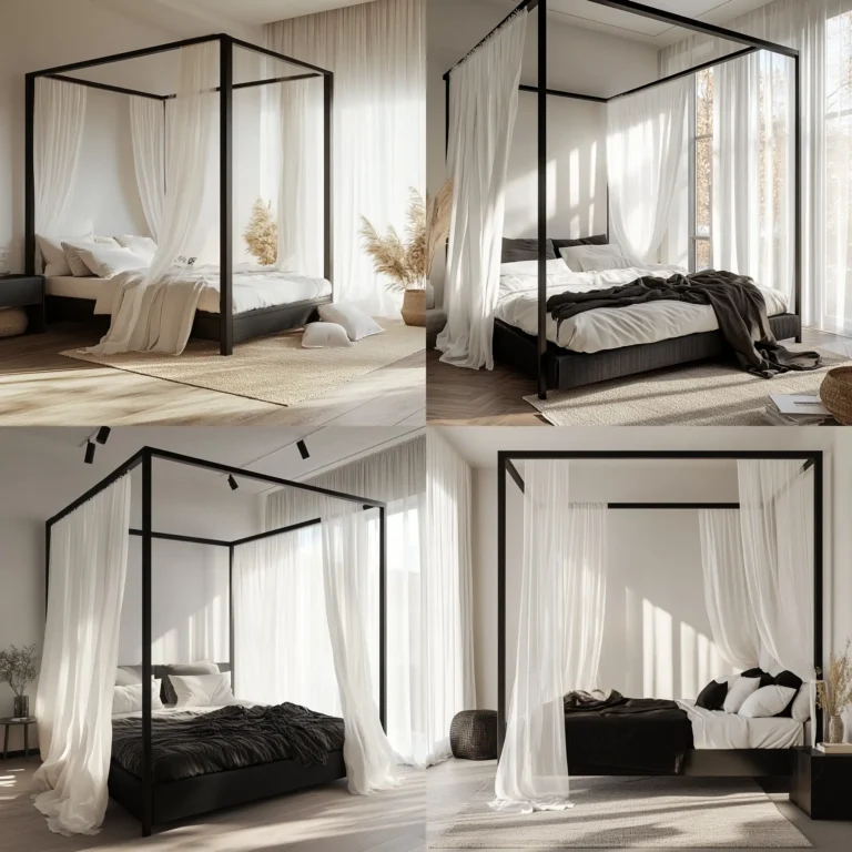 Elegant black canopy bed with sheer curtains and cozy white bedding in a modern bedroomElegant black canopy bed with sheer curtains and cozy white bedding in a modern bedroom