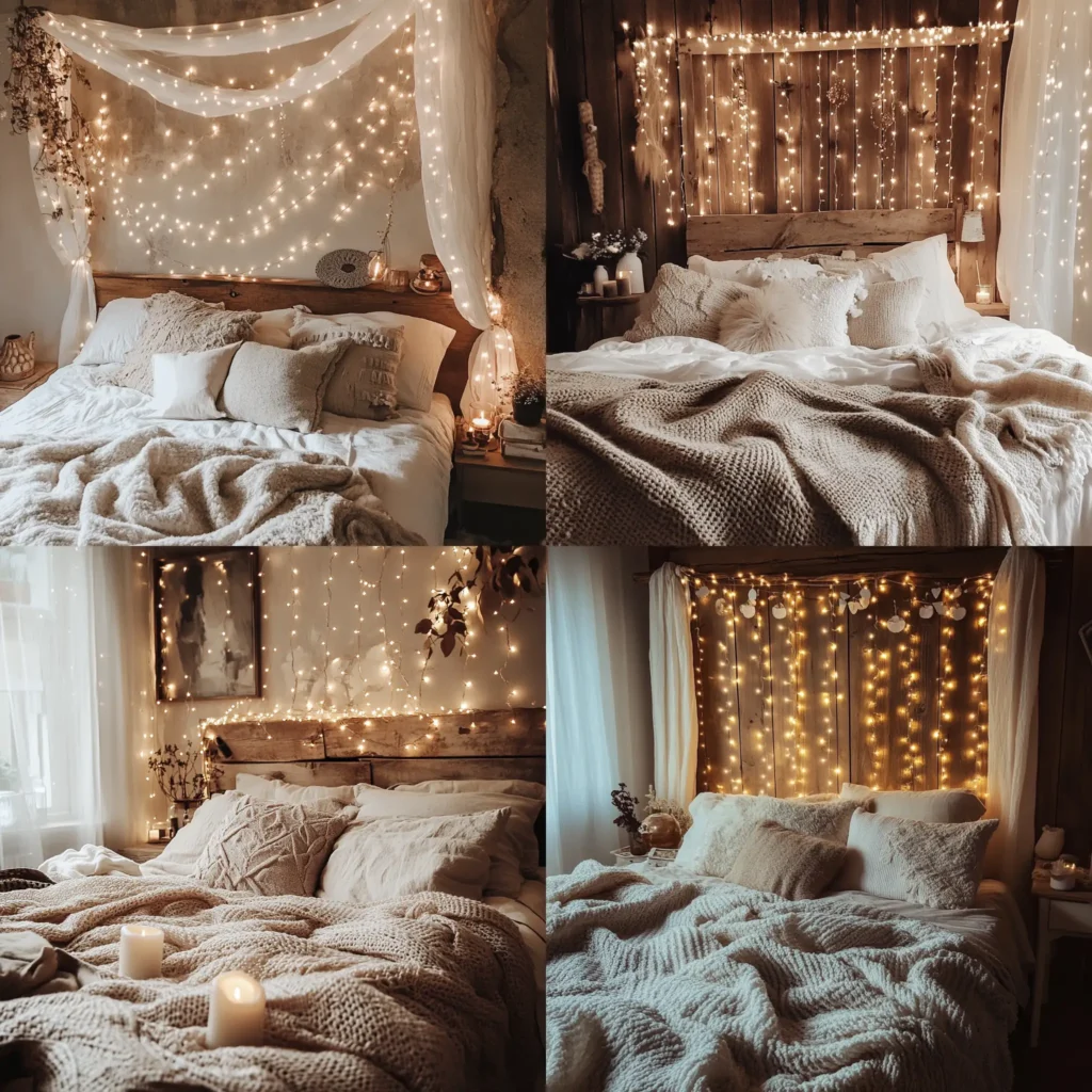 Fairy lights bedroom with string lights draped over the headboard and cozy boho decor
