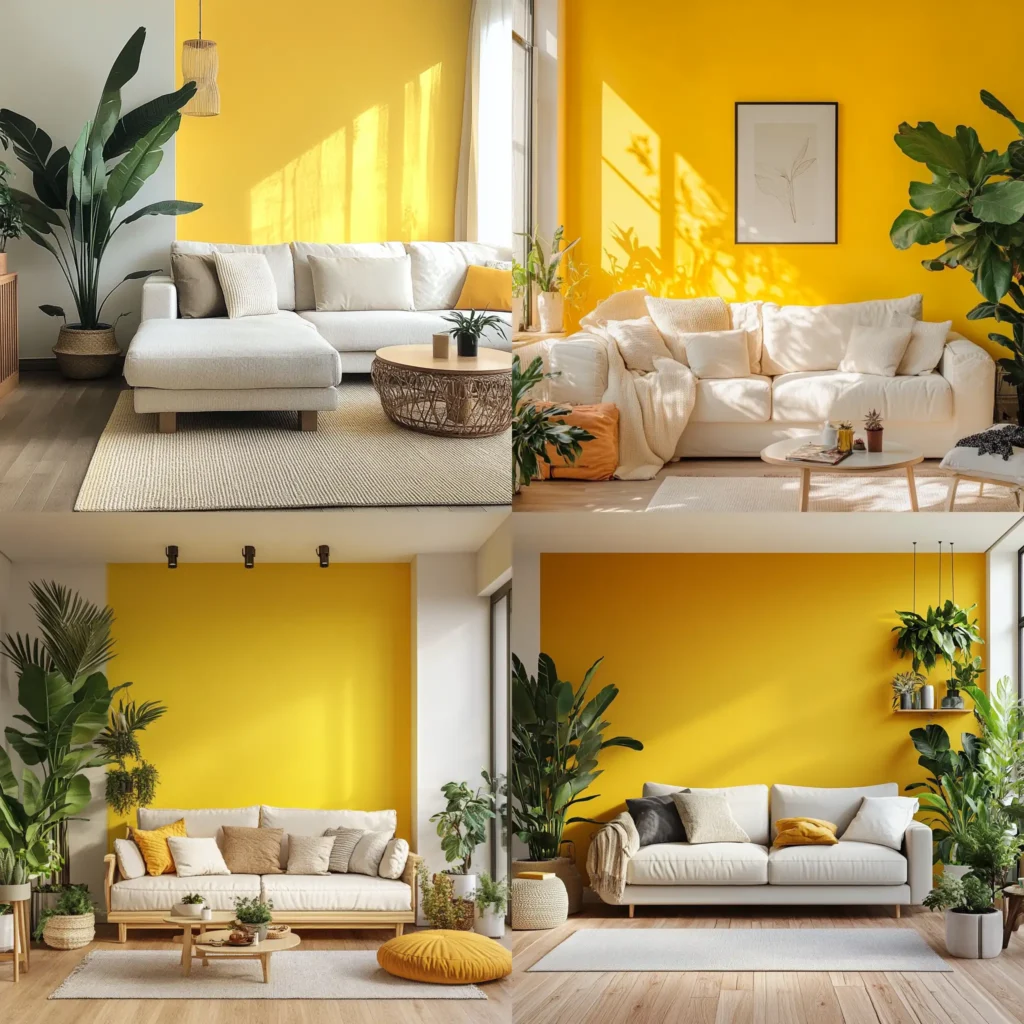 Cozy living room with yellow accent wall and Scandinavian-inspired decor